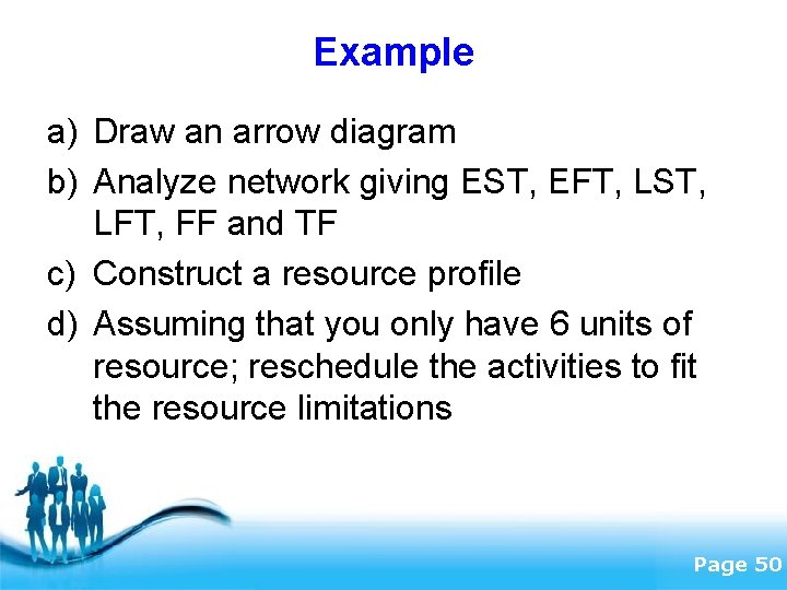 Example a) Draw an arrow diagram b) Analyze network giving EST, EFT, LST, LFT,