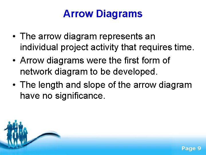 Arrow Diagrams • The arrow diagram represents an individual project activity that requires time.