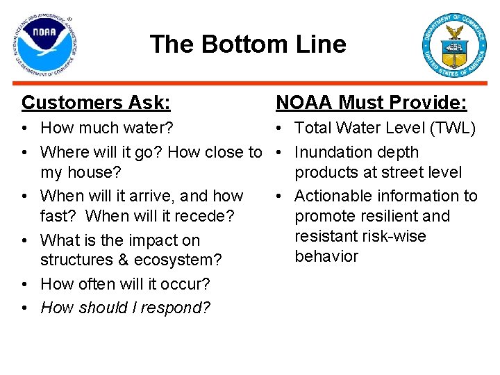 The Bottom Line Customers Ask: NOAA Must Provide: • How much water? • Total