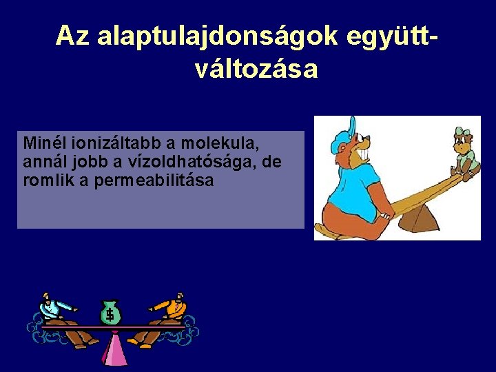 Az alaptulajdonságok együttváltozása Minél ionizáltabb a molekula, annál jobb a vízoldhatósága, de romlik a