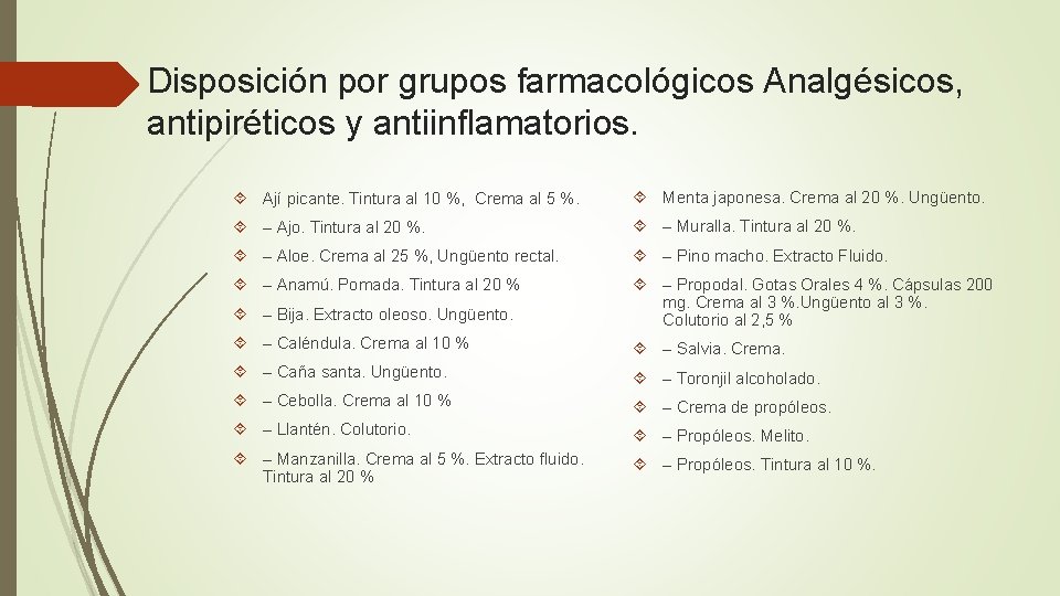 Disposición por grupos farmacológicos Analgésicos, antipiréticos y antiinflamatorios. Ají picante. Tintura al 10 %,