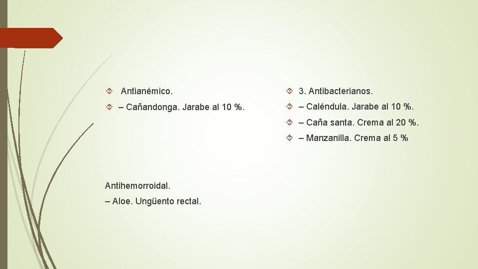  Antianémico. 3. Antibacterianos. – Cañandonga. Jarabe al 10 %. – Caléndula. Jarabe al