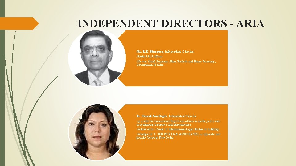 INDEPENDENT DIRECTORS - ARIA Mr. R. K. Bhargava, Independent Director, -Retired IAS officer -He