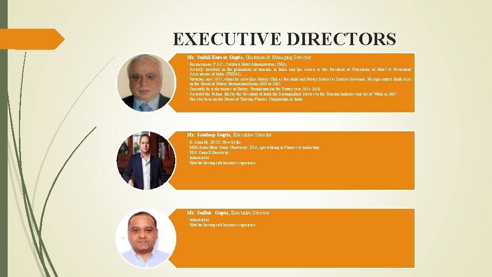 EXECUTIVE DIRECTORS Mr. Sushil Kumar Gupta, Chairman & Managing Director • Businessman, F. S.