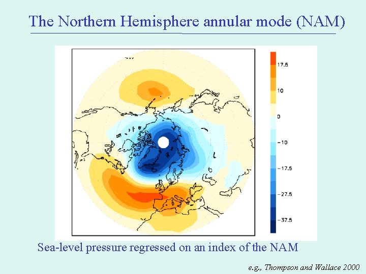 The Northern Hemisphere annular mode (NAM) Sea-level pressure regressed on an index of the