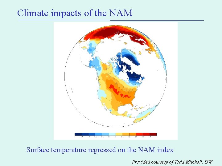 Climate impacts of the NAM Surface temperature regressed on the NAM index Provided courtesy
