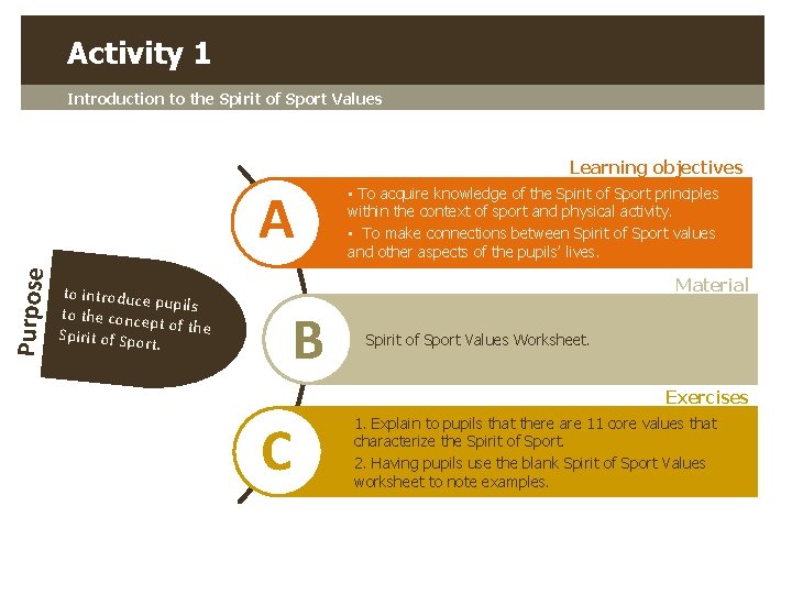 Activity 1 Introduction to the Spirit of Sport Values Learning objectives Purpose A to Activity 1 Introduction to the Spirit of Sport Values Learning objectives Purpose A to