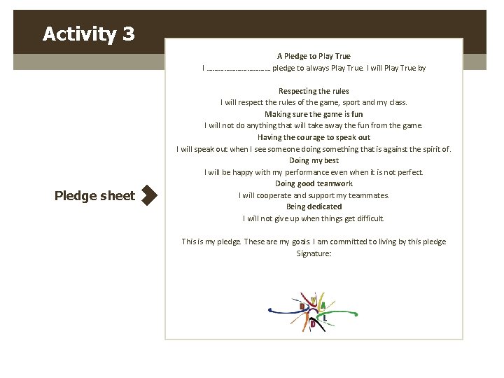 Activity 3 A Pledge to Play True I ……………… pledge to always Play True. Activity 3 A Pledge to Play True I ……………… pledge to always Play True.