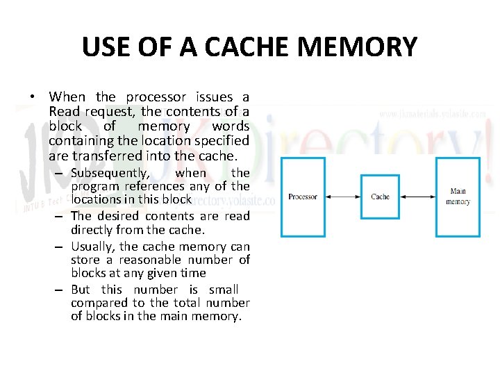 USE OF A CACHE MEMORY • When the processor issues a Read request, the