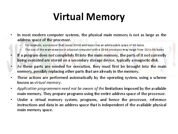 Virtual Memory • In most modern computer systems, the physical main memory is not