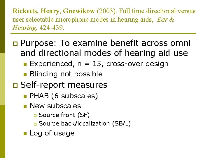 Ricketts, Henry, Gnewikow (2003). Full time directional versus user selectable microphone modes in hearing Ricketts, Henry, Gnewikow (2003). Full time directional versus user selectable microphone modes in hearing