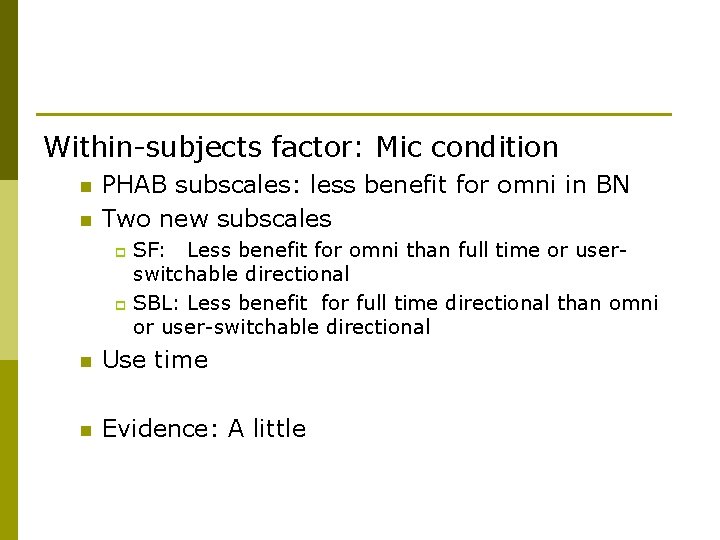 Within-subjects factor: Mic condition n n PHAB subscales: less benefit for omni in BN Within-subjects factor: Mic condition n n PHAB subscales: less benefit for omni in BN