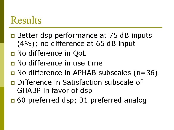 Results Better dsp performance at 75 d. B inputs (4%); no difference at 65 Results Better dsp performance at 75 d. B inputs (4%); no difference at 65