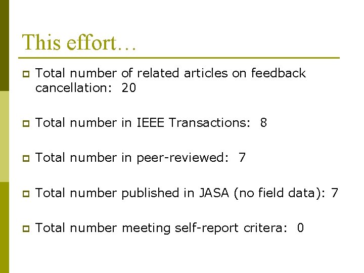 This effort… p Total number of related articles on feedback cancellation: 20 p Total This effort… p Total number of related articles on feedback cancellation: 20 p Total