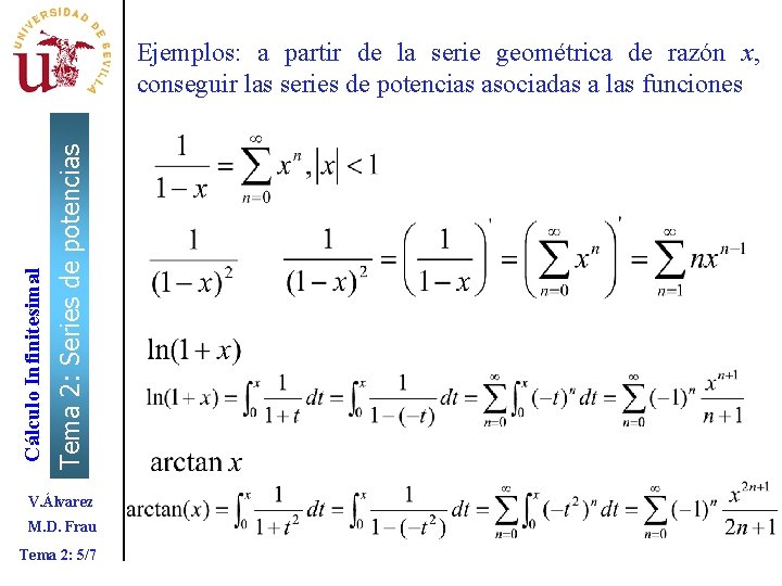 Tema 2: Series de potencias Cálculo Infinitesimal Ejemplos: a partir de la serie geométrica Tema 2: Series de potencias Cálculo Infinitesimal Ejemplos: a partir de la serie geométrica