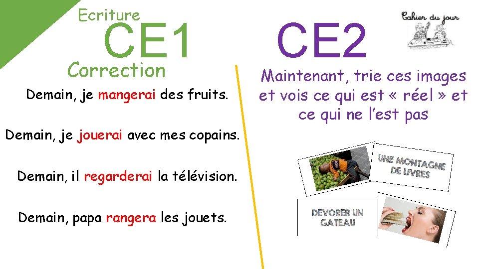 Ecriture CE 1 Correction Demain, je mangerai des fruits. Demain, je jouerai avec mes