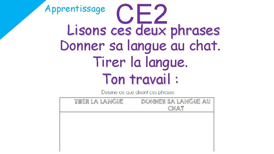 CE 2 Lisons ces deux phrases Apprentissage Donner sa langue au chat. Tirer la