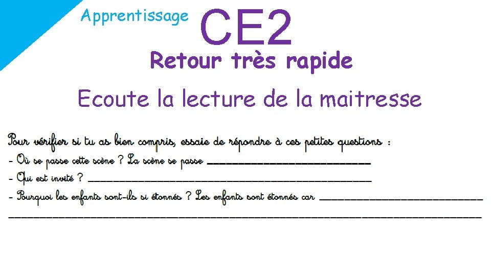 CE 2 Retour très rapide Apprentissage Ecoute la lecture de la maitresse 