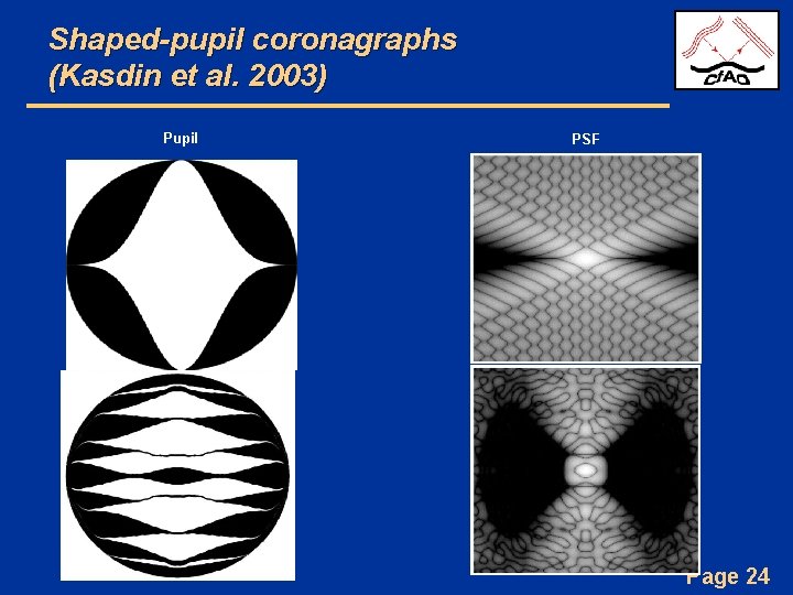 Shaped-pupil coronagraphs (Kasdin et al. 2003) Pupil PSF Page 24 