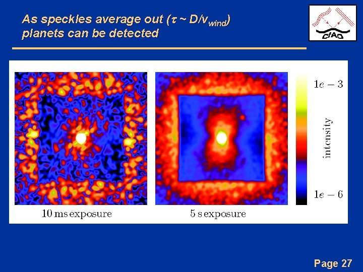 As speckles average out (t ~ D/vwind) planets can be detected Page 27 