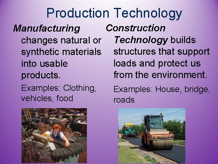 Production Technology Construction Manufacturing changes natural or Technology builds synthetic materials structures that support