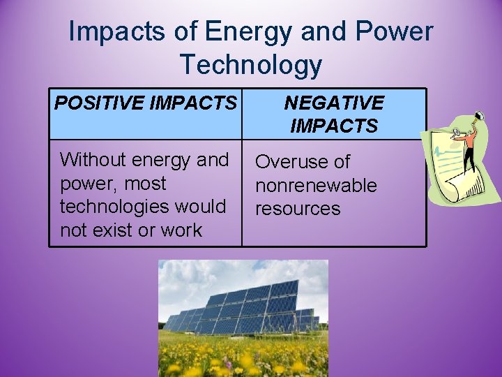 Impacts of Energy and Power Technology POSITIVE IMPACTS Without energy and power, most technologies