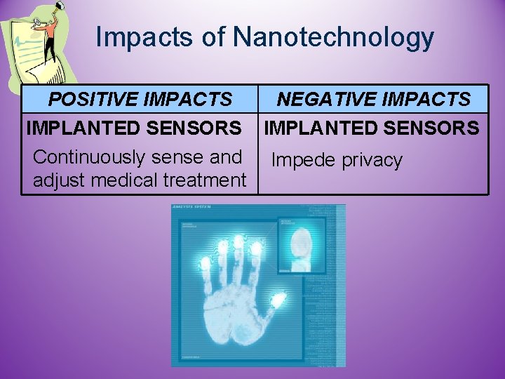 Impacts of Nanotechnology POSITIVE IMPACTS NEGATIVE IMPACTS IMPLANTED SENSORS Continuously sense and Impede privacy