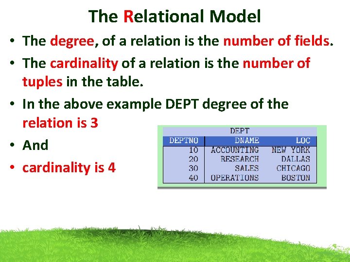 The Relational Model • The degree, of a relation is the number of fields.