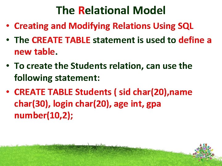 The Relational Model • Creating and Modifying Relations Using SQL • The CREATE TABLE