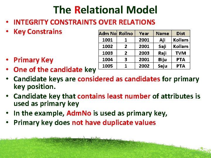 The Relational Model • INTEGRITY CONSTRAINTS OVER RELATIONS • Key Constrains Adm No Rollno