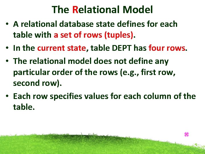 The Relational Model • A relational database state defines for each table with a