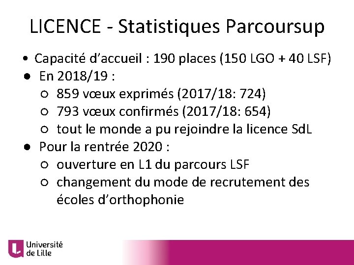 LICENCE - Statistiques Parcoursup • Capacité d’accueil : 190 places (150 LGO + 40