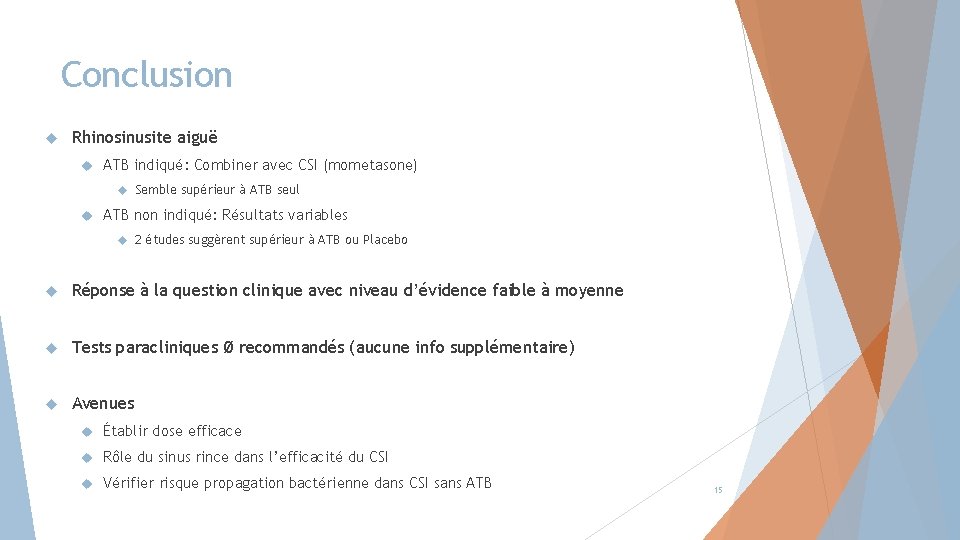 Conclusion Rhinosinusite aiguë ATB indiqué: Combiner avec CSI (mometasone) Semble supérieur à ATB seul