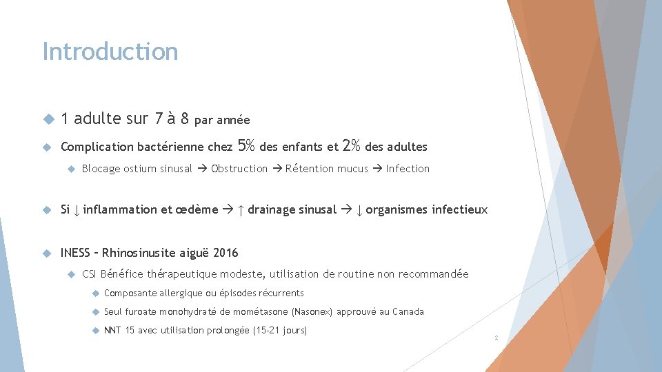 Introduction 1 adulte sur 7 à 8 Complication bactérienne chez par année 5% des