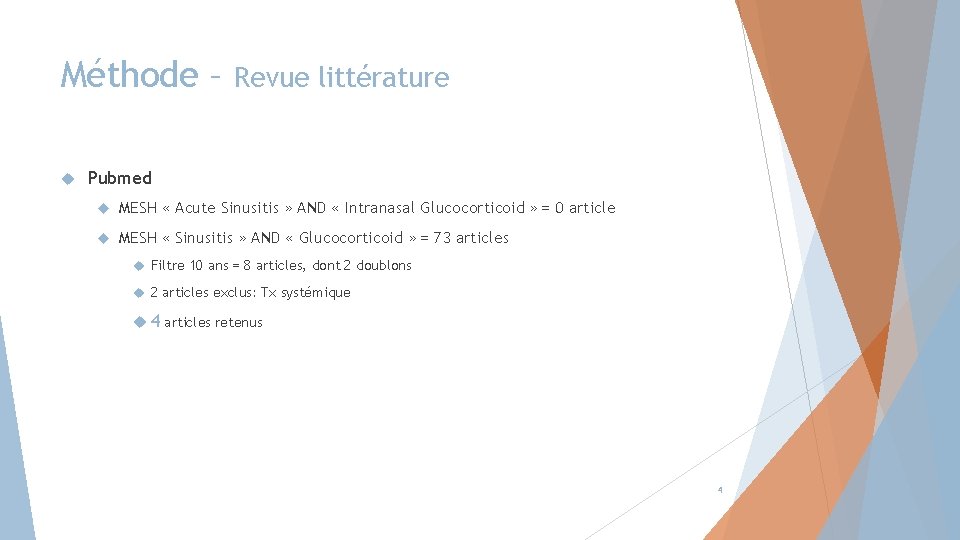 Méthode – Revue littérature Pubmed MESH « Acute Sinusitis » AND « Intranasal Glucocorticoid