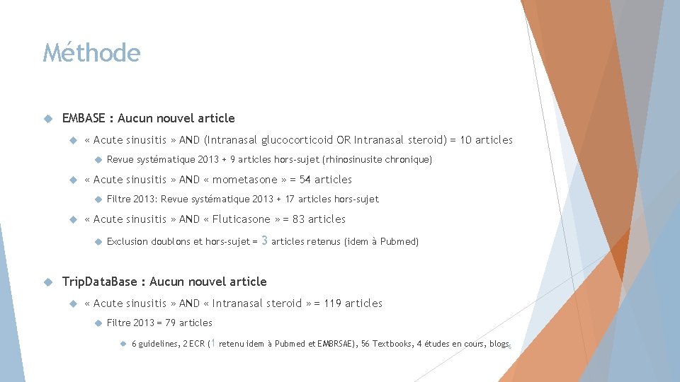 Méthode EMBASE : Aucun nouvel article « Acute sinusitis » AND (Intranasal glucocorticoid OR