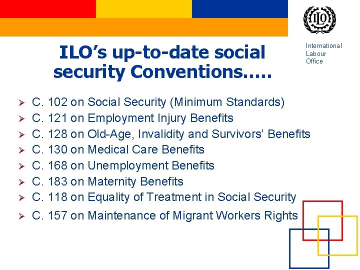 ILO’s up-to-date social security Conventions…. . International Labour Office Ø C. 102 on Social ILO’s up-to-date social security Conventions…. . International Labour Office Ø C. 102 on Social