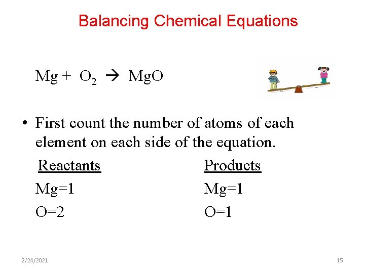 Balancing Chemical Equations Mg + O 2 Mg. O • First count the number