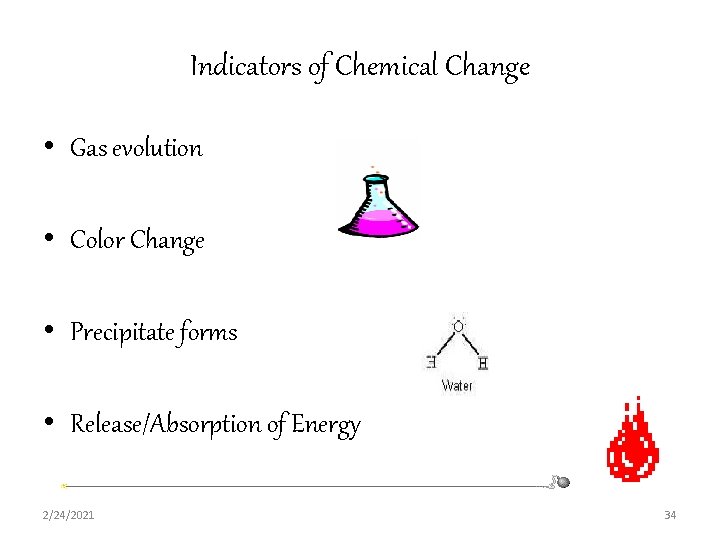 Indicators of Chemical Change • Gas evolution • Color Change • Precipitate forms •