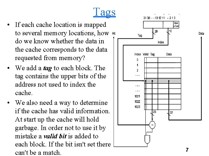 Tags • If each cache location is mapped to several memory locations, how do