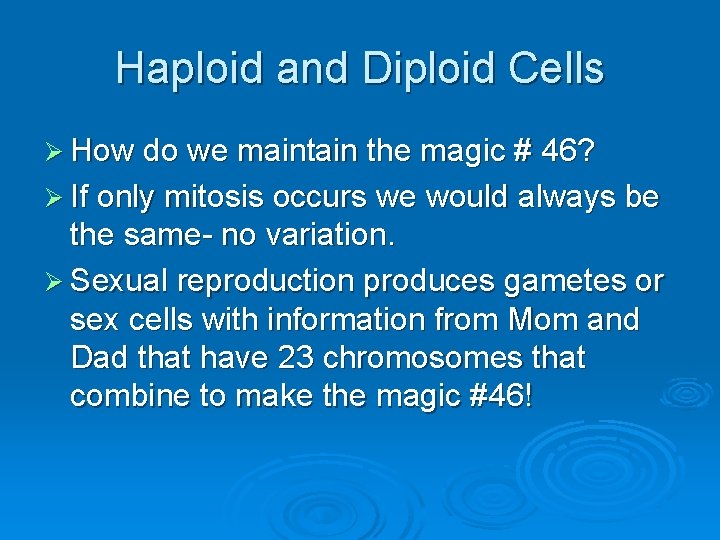 Haploid and Diploid Cells Ø How do we maintain the magic # 46? Ø