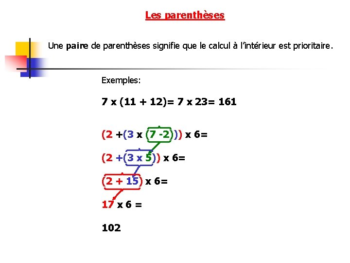 Les parenthèses Une paire de parenthèses signifie que le calcul à l’intérieur est prioritaire.