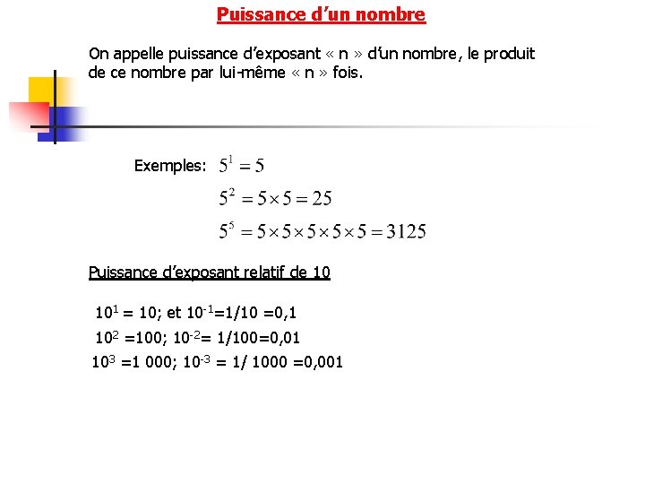 Puissance d’un nombre On appelle puissance d’exposant « n » d’un nombre, le produit
