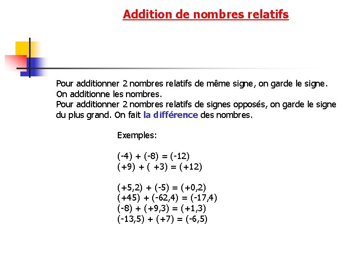 Addition de nombres relatifs Pour additionner 2 nombres relatifs de même signe, on garde