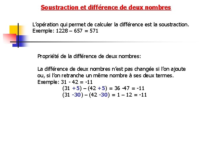 Soustraction et différence de deux nombres L’opération qui permet de calculer la différence est