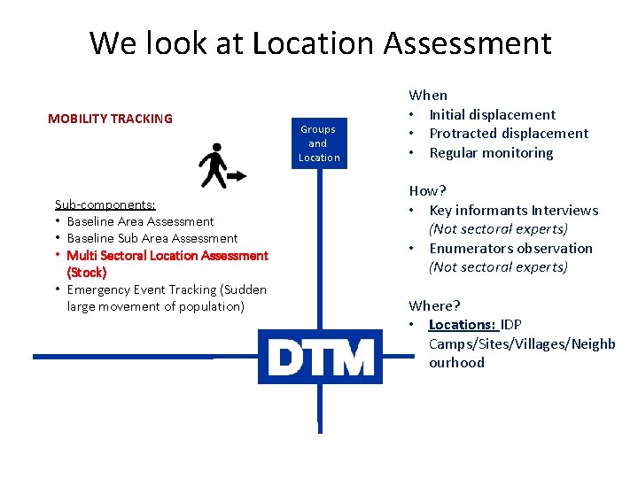 We look at Location Assessment MOBILITY TRACKING Sub-components: • Baseline Area Assessment • Baseline