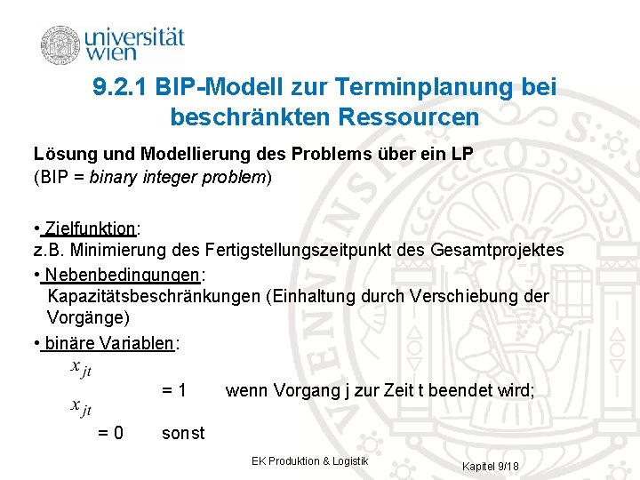 9. 2. 1 BIP-Modell zur Terminplanung bei beschränkten Ressourcen Lösung und Modellierung des Problems