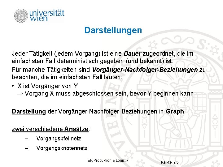 Darstellungen Jeder Tätigkeit (jedem Vorgang) ist eine Dauer zugeordnet, die im einfachsten Fall deterministisch