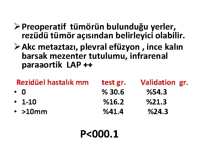 Ø Preoperatif tümörün bulunduğu yerler, rezüdü tümör açısından belirleyici olabilir. Ø Akc metaztazı, plevral