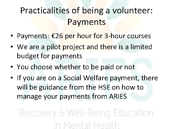 Practicalities of being a volunteer: Payments • Payments: € 26 per hour for 3 Practicalities of being a volunteer: Payments • Payments: € 26 per hour for 3